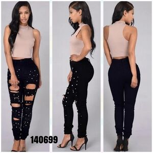 New Stylish Black Distressed Jeans with Pearl Accents
